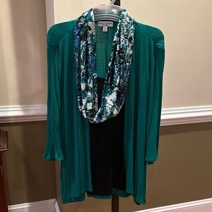 Rebecca Malone Teal and Black Blouse with Patterned Scarf